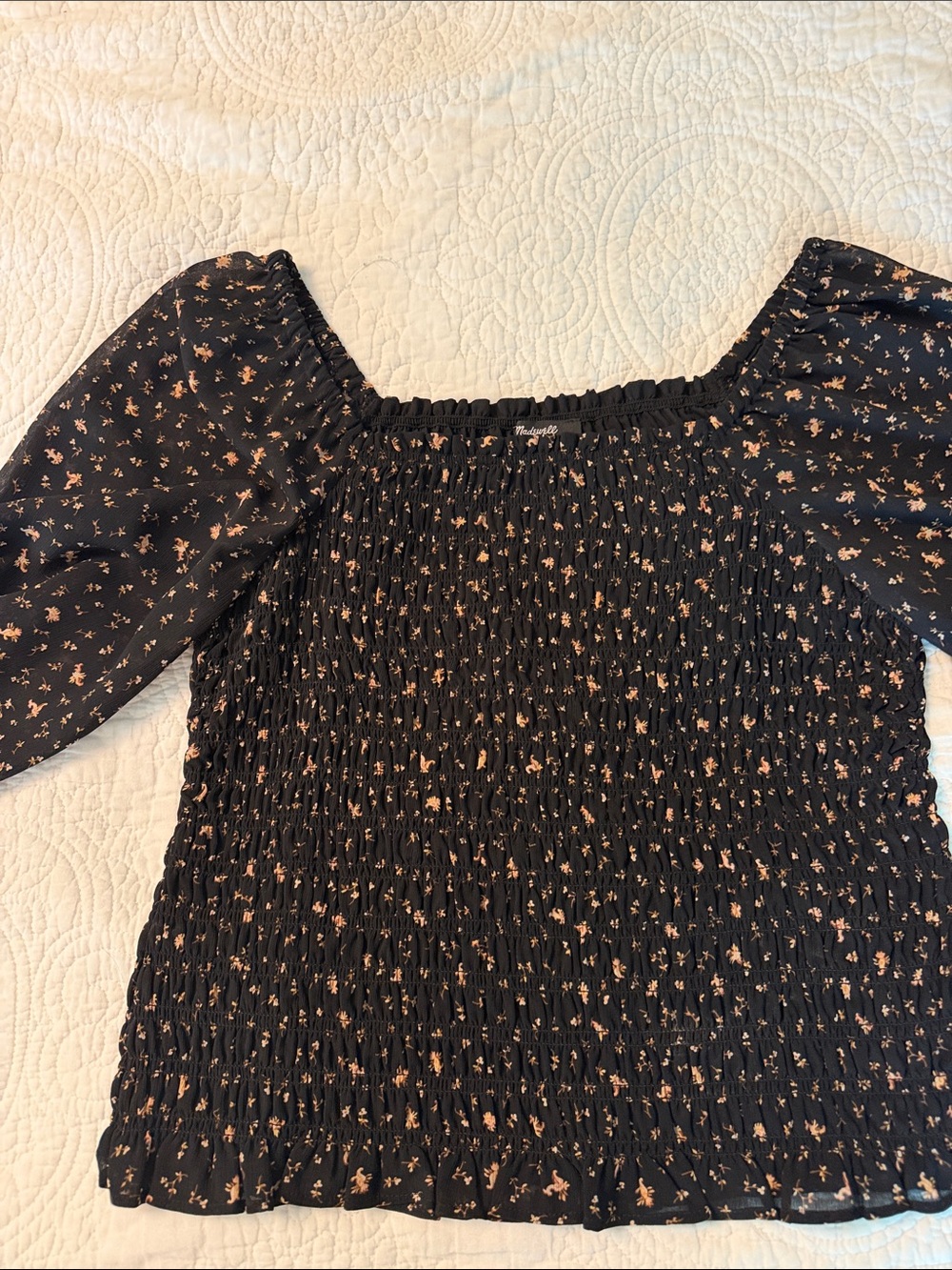 Madewell Black Off-Shoulder Smocked Blouse with Tan Floral